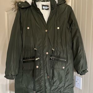 Time and tru Olive Green coat with Faux Fur Hood